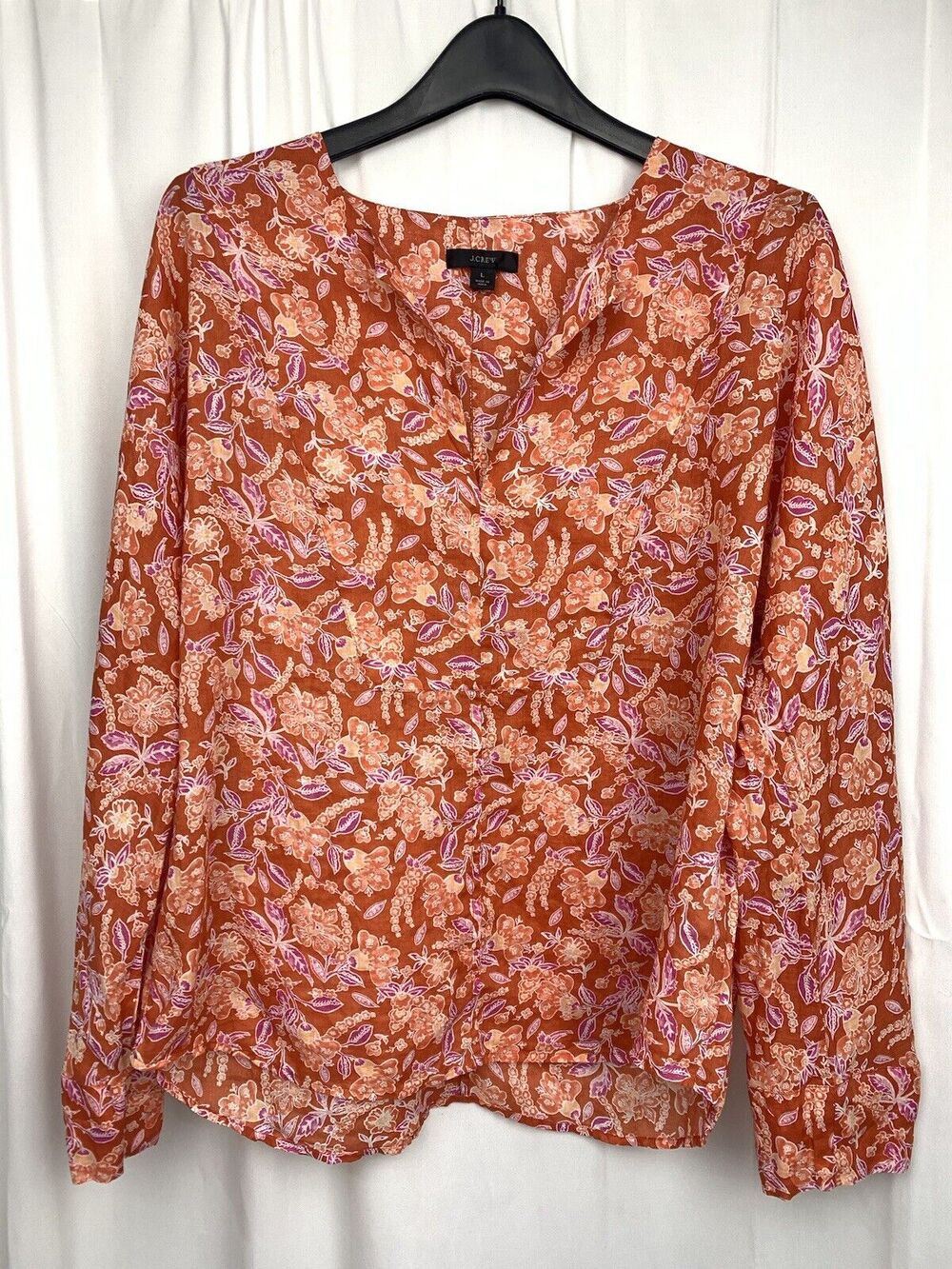 J.CREW Women’s Orange Floral Long Sleeve Ramie Tunic Top in Painted Block Size L